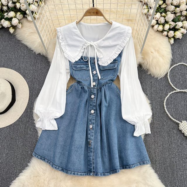 Yearnin - Set: Long Sleeve Collared Shirt + Denim Overall Dress | YesStyle