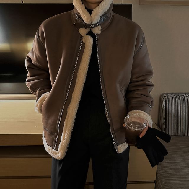MRCYC-Plain Fluffy Trim Faux Leather Zip Jacket
