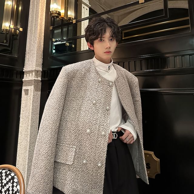 VEAZ-U-Neck Double Breasted Tweed Jacket