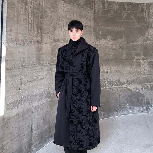 Bookmartier - Stand Collar Asymmetrical Jacquard Panel Tie Waist Frog  Buttoned Long Trench Coat