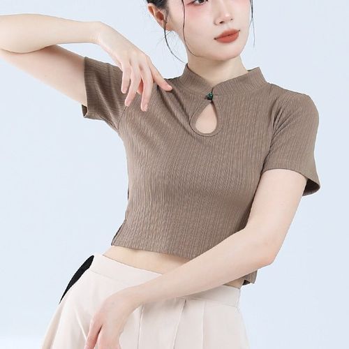 femmal - Short-Sleeve Stand Collar Keyhole Plain Ribbed Crop Top