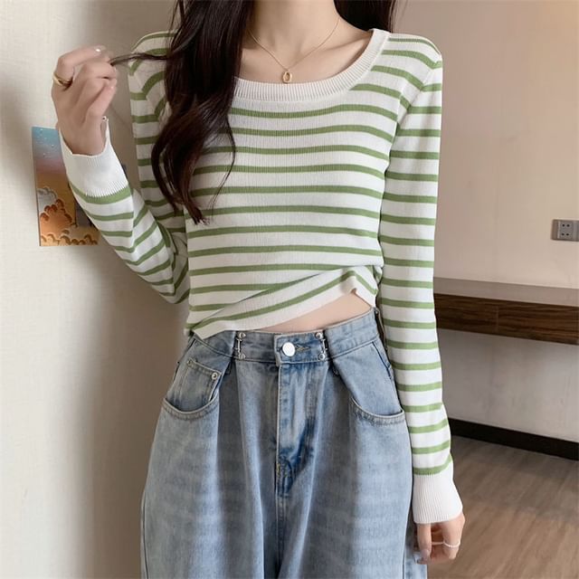 Sisyphi-Long-Sleeve Boatneck Striped Knit Top