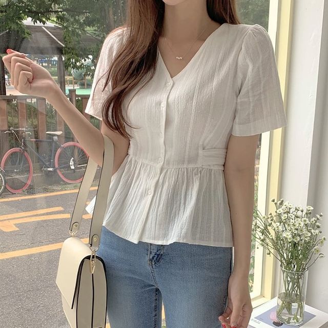 Leoom-V-Neck Elbow-Sleeve Peplum Blouse