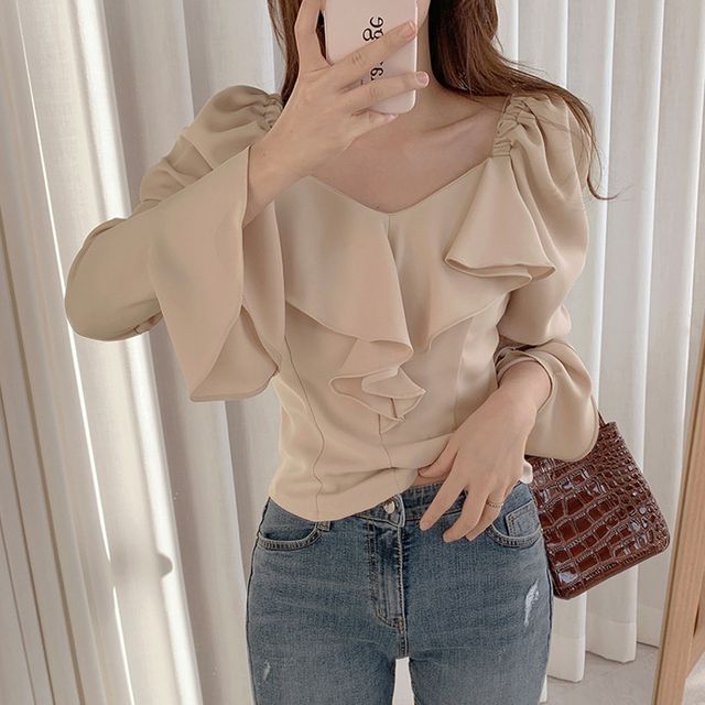Sienne-Long-Sleeve Plain Ruffle Trim Slim Fit Blouse
