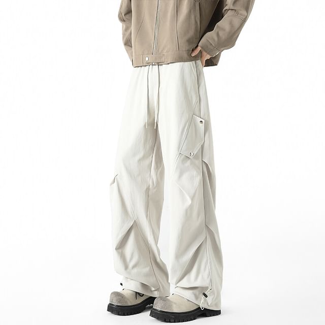 Priam-High Waist Plain Drawstring Wide Leg Cargo Pants