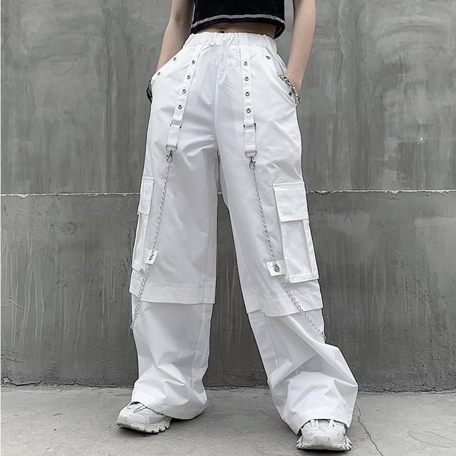 Sisyphi-Elastic Waist Plain Grommet Panel Baggy Cargo Pants