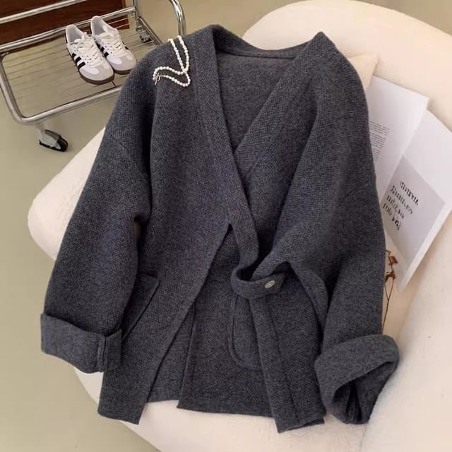 Omibayo-V-Neck Melange Sashed Cardigan