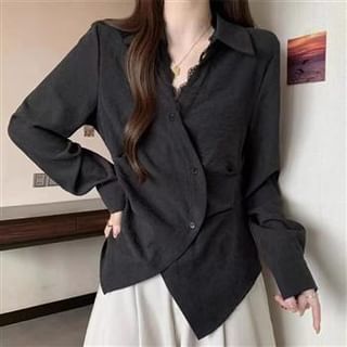 Everose-Long Sleeve Collared V-Neck Plain Panel Lace Wrap Shirt