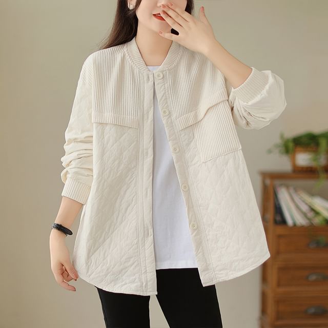 MIKIGA-Plain Quilted Panel Button Jacket