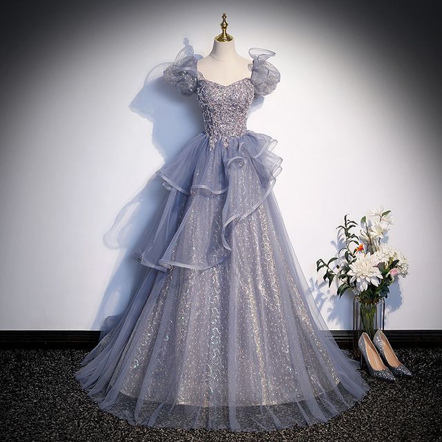 MSSBridal-Puff Sleeve Square Neck Sequin Ruffle Panel Mesh A-Line Evening Gown