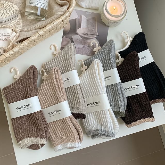 Mimiyu-Contrast Trim Ribbed Socks Set