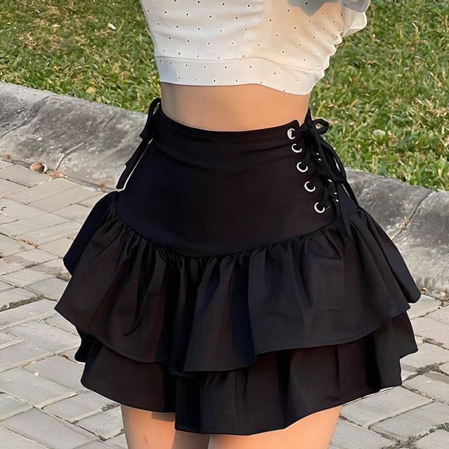 meadowdrop - High-Waist Lace-Up Layered Mini A-Line Skirt | YesStyle