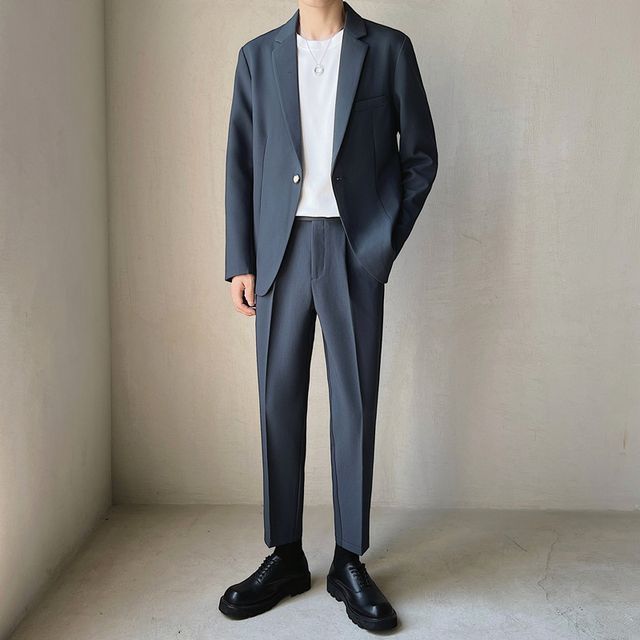 Omozando-Set Plain Single-Button Blazer Tapered Dress Pants