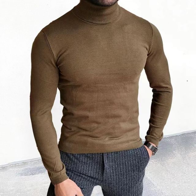 FORSETI-Long-Sleeve Turtleneck Plain Knit Top