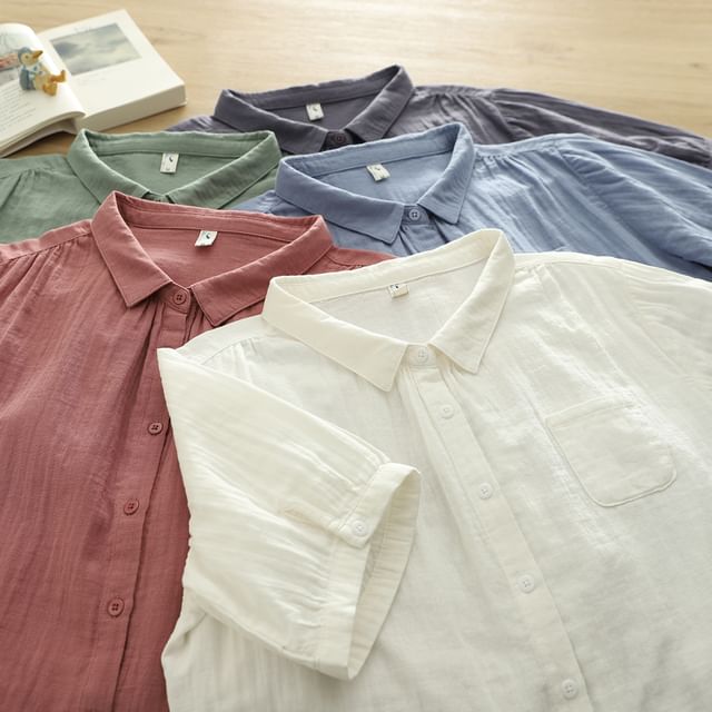 PANDAGO-Short-Sleeve Collared Plain Button Up Shirt