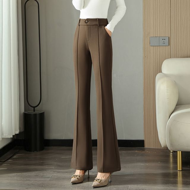 Jeonseon-High Waist Plain Flared Dress Pants
