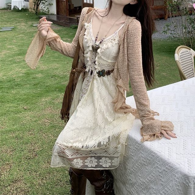 Spaghetti Strap Mini A-Line Lace Dress / Flared Cuff Open Front Jacket