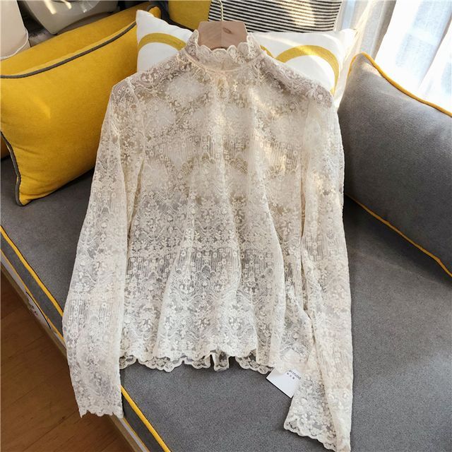 Arconte LongSleeve Band Collar Lace Trim Mesh Top YesStyle