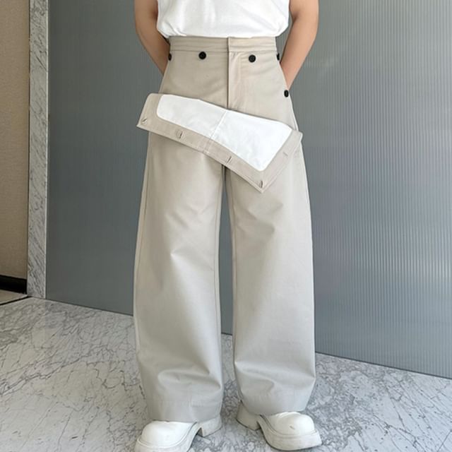 Freehop - High Waist Mock Two-Piece Plain Wide Leg Pants