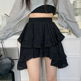 Duwnie High Waist Asymmetrical Hem Lace Panel Layered Mini Skirt