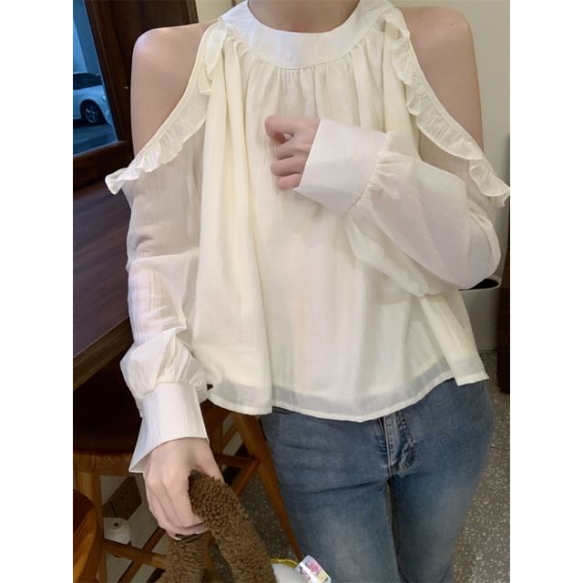 Beem-Cold-Shoulder Puff-Sleeve Plain Ruffled Blouse