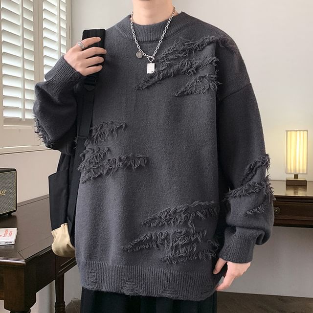 Jilliana-Crew Neck Plain Fringed Distressed Sweater