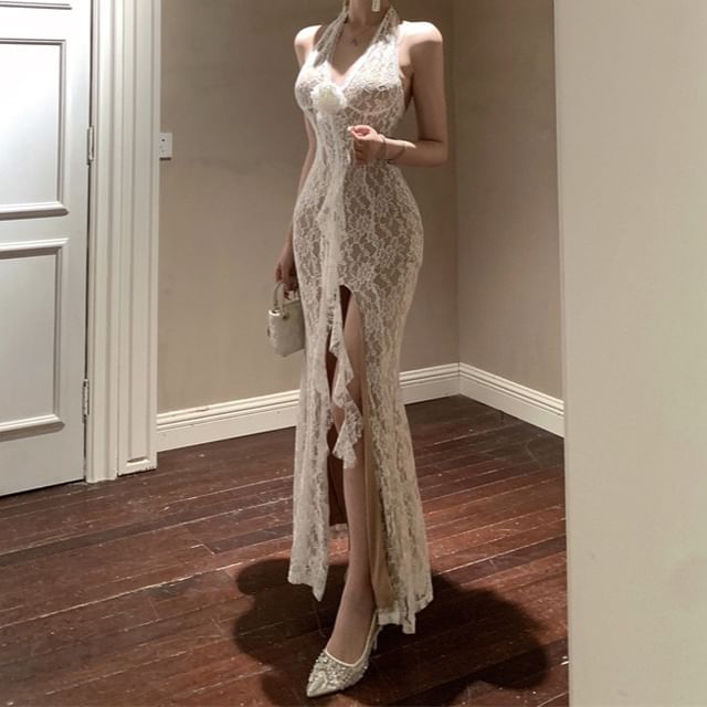 Yilda - Halter-Neck Floral Slit Midi Lace Bodycon Dress | YesStyle