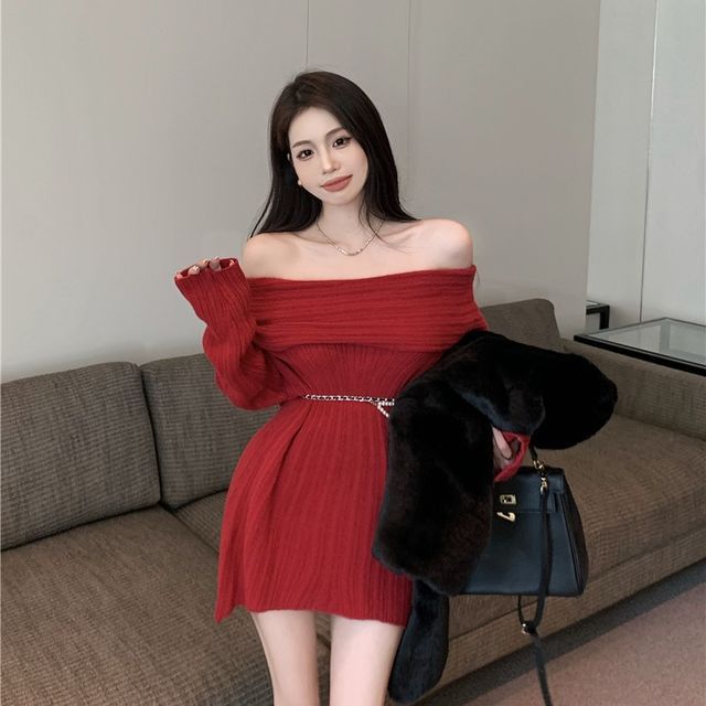 Magma - Long-Sleeve Off-Shoulder Mini Sweater Dress | YesStyle