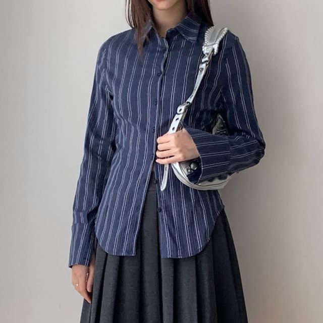 Striinkie-Long-Sleeve Collared Striped Button Up Shirt