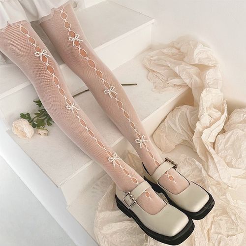 Sohma Faux Pearl Ribbon Fishnet Tights white pearl One Size