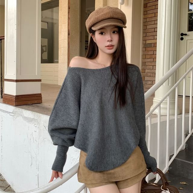 OGAWA-Lantern-Sleeve Off-Shoulder Plain Sweater