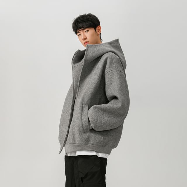 VEAZ-Hooded Drop Shoulder Plain Oversized Zip Jacket