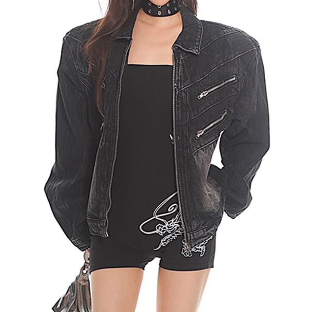 SPUCIKLEI-Collared Washed Zip-Up Denim Jacket