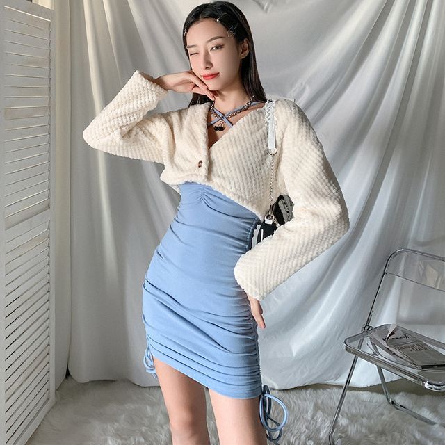 long bodycon formal dress Serendipity Autumn Baby Blue Cardigan & Bear Knit Pink Bodycon Dress T –  Sugarplum Store main image 0