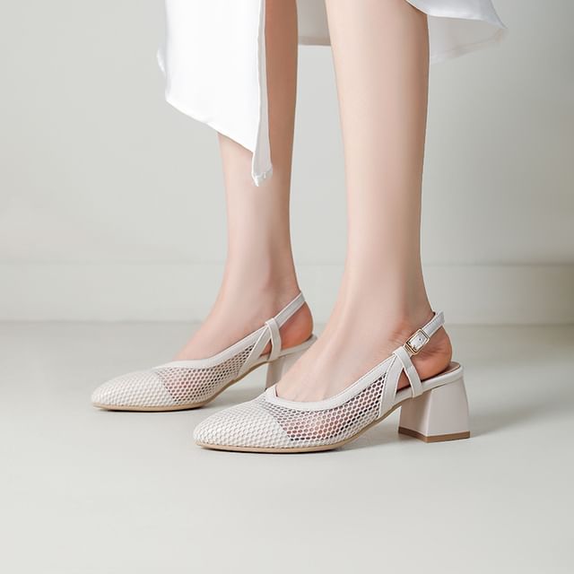Megan-Chunky Heel Pointed Toe Mesh Slingback Sandals