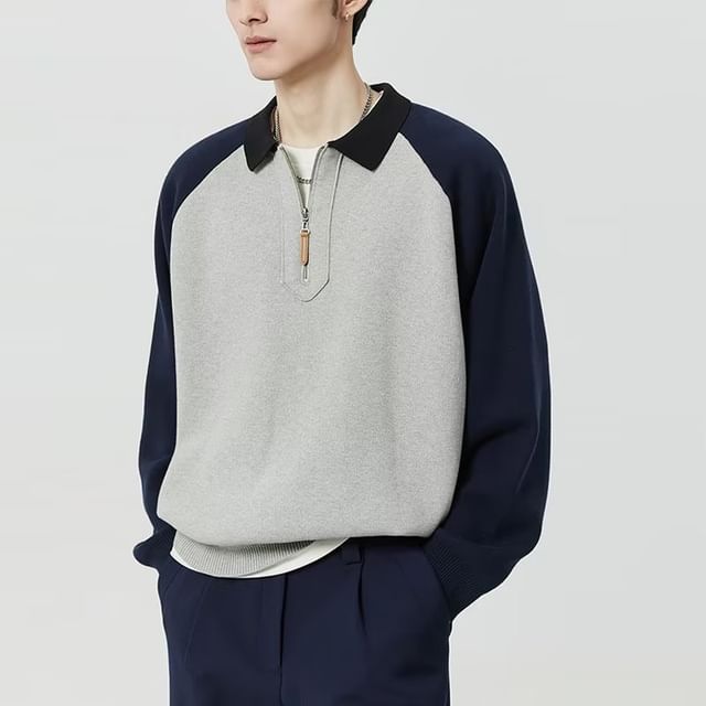 Femilina-Raglan-Sleeve Half-Zip Polo Sweater