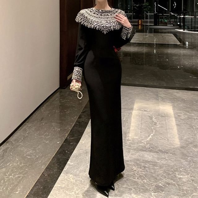 crew neck formal dress Beaded Half Sleeve Prom Dresses Round Neck Formal Dresses 21225 main image 1