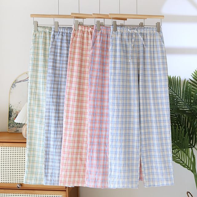 Somnus-Drawstring Waist Plaid Pajama Pants