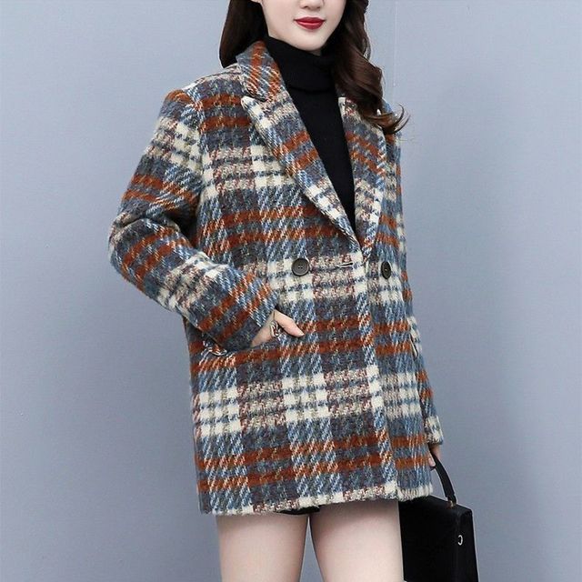 Everose-Peak Lapel Plaid Double Breasted Coat