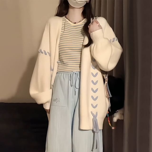 monroll-Two Tone Lace-Up Cardigan