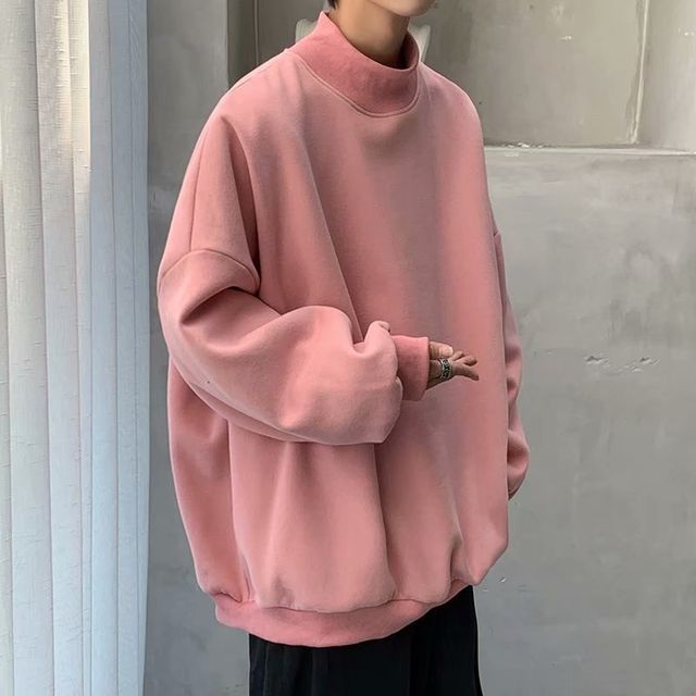 Trimecca-Mock Neck Plain Fleece-Lined Sweatshirt