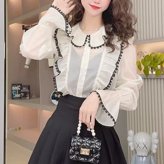 Woohan-Puff-Sleeve Plain Ruffle Lace Trim Blouse