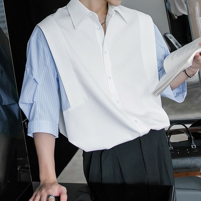 CHIC ERRO-Mock Two-Piece 34-Sleeve Striped Panel Shirt
