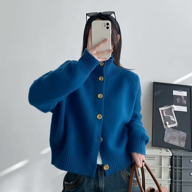 Cossita-Stand Collar Plain Cardigan