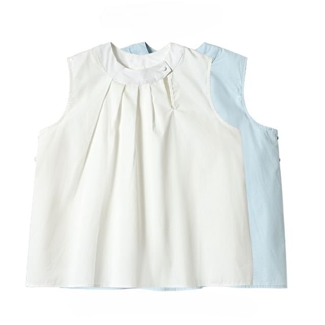 Lady Jean-Sleeveless Stand Collar Plain Pleated Blouse