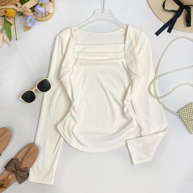 Iasia-Long-Sleeve Square Neck Plain Top