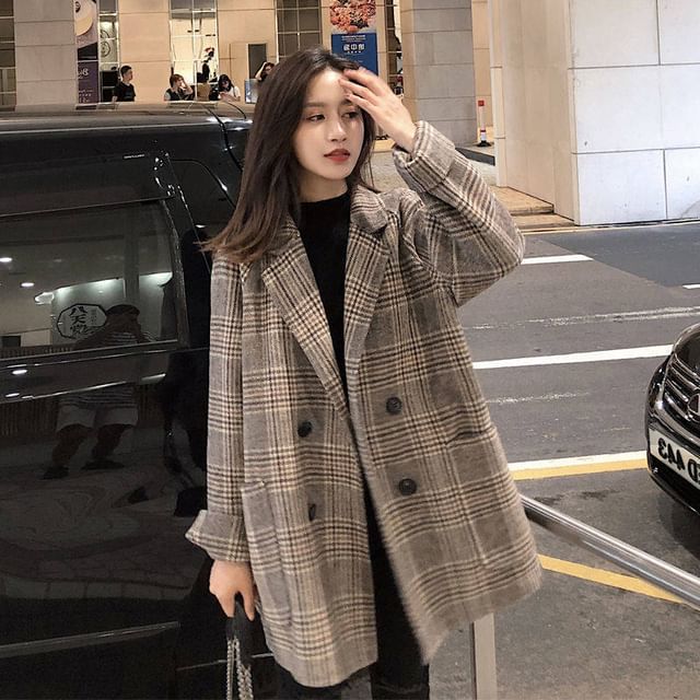 Shinsei-Plaid Double-Breasted Blazer