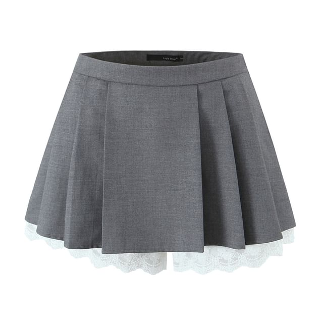 Ulark-Pleated Lace Panel Mini A-Line Skirt
