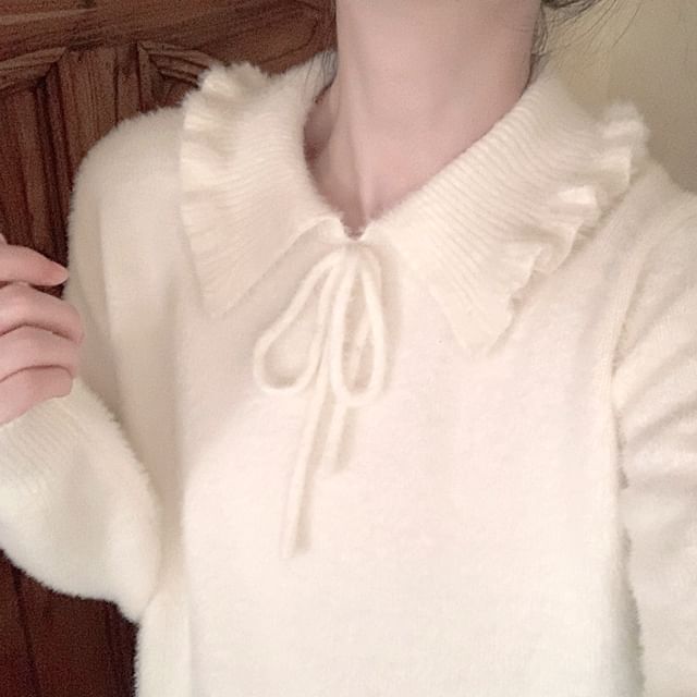 Glotto-Long Sleeve Collared Tie Neck Fluffy Knit Top