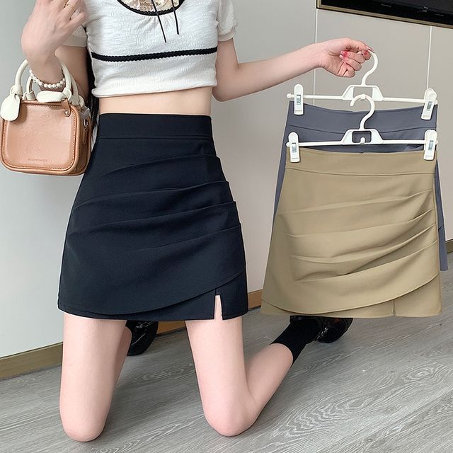 Mywaki High Waist Plain Asymmetrical Slit Mini Pencil Skirt